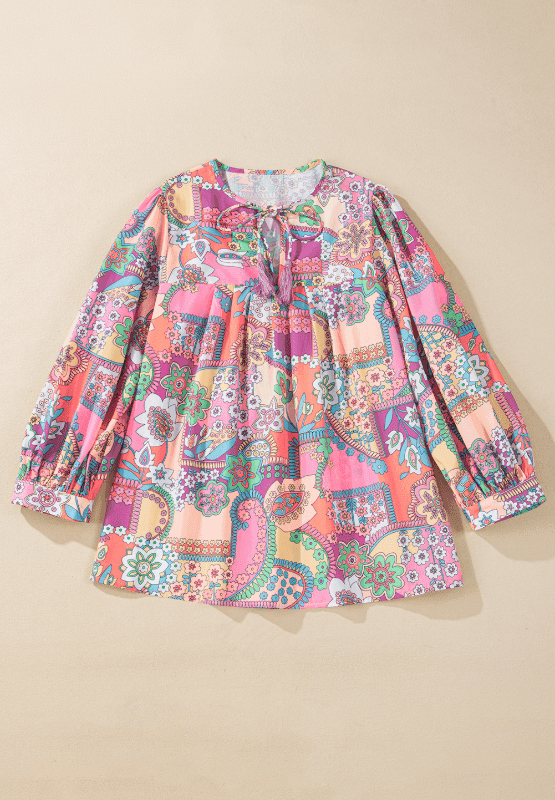 Printed Tie Neck Three-Quarter Sleeve Blouse - Trendsi - Flyclothing LLC