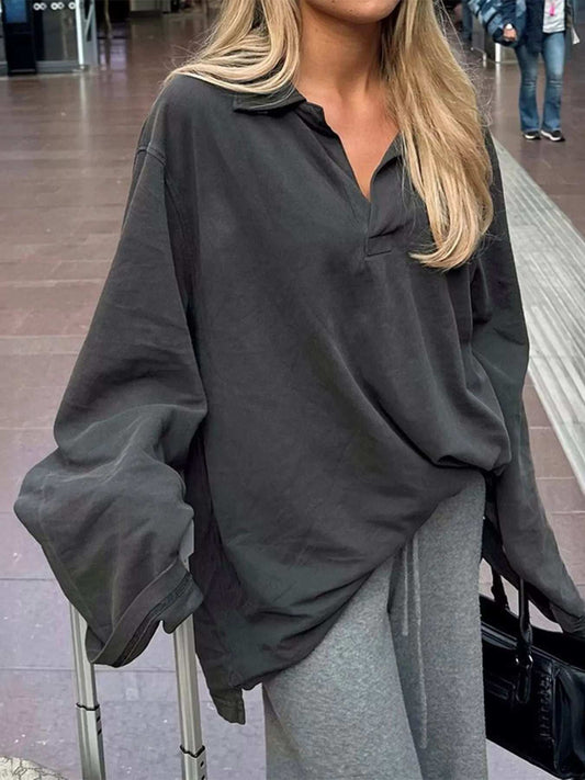 Collared Neck Dropped Shoulder Oversized Sweatshirt - Trendsi - Flyclothing LLC