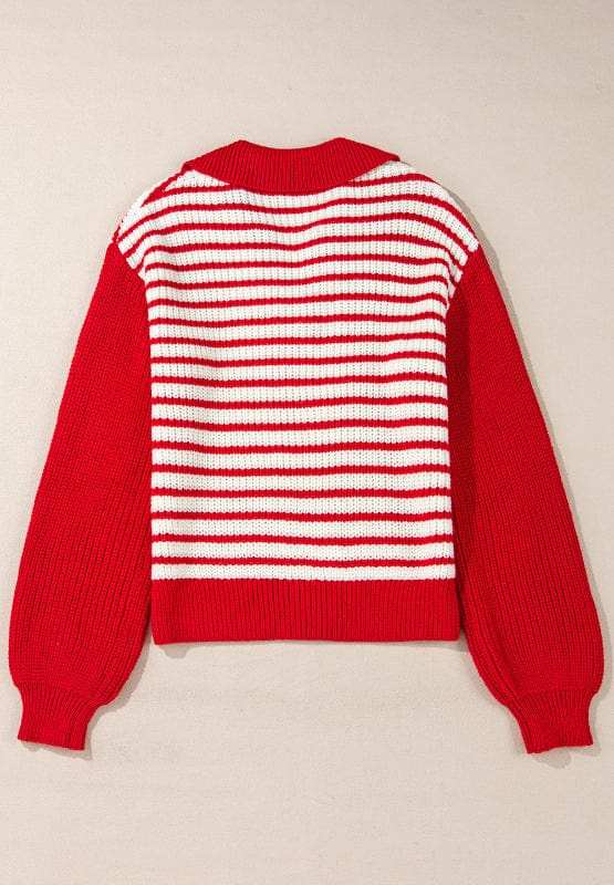 Striped Johnny Collar Long Sleeve Sweater - Trendsi - Flyclothing LLC