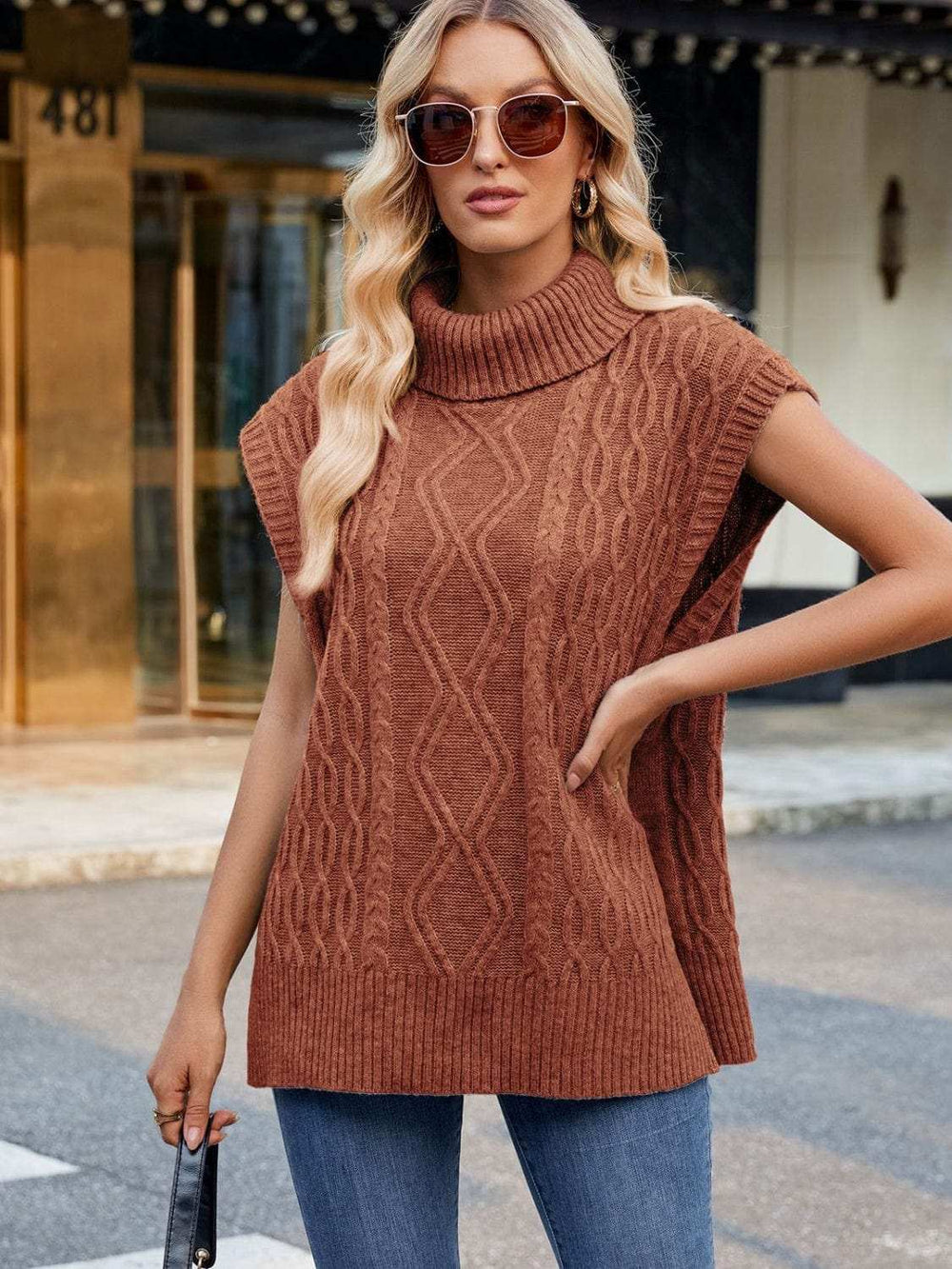 Side Slit Turtleneck Sweater Vest - Trendsi - Flyclothing LLC