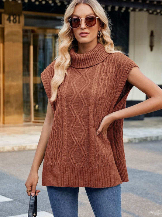 Side Slit Turtleneck Sweater Vest - Trendsi - Flyclothing LLC