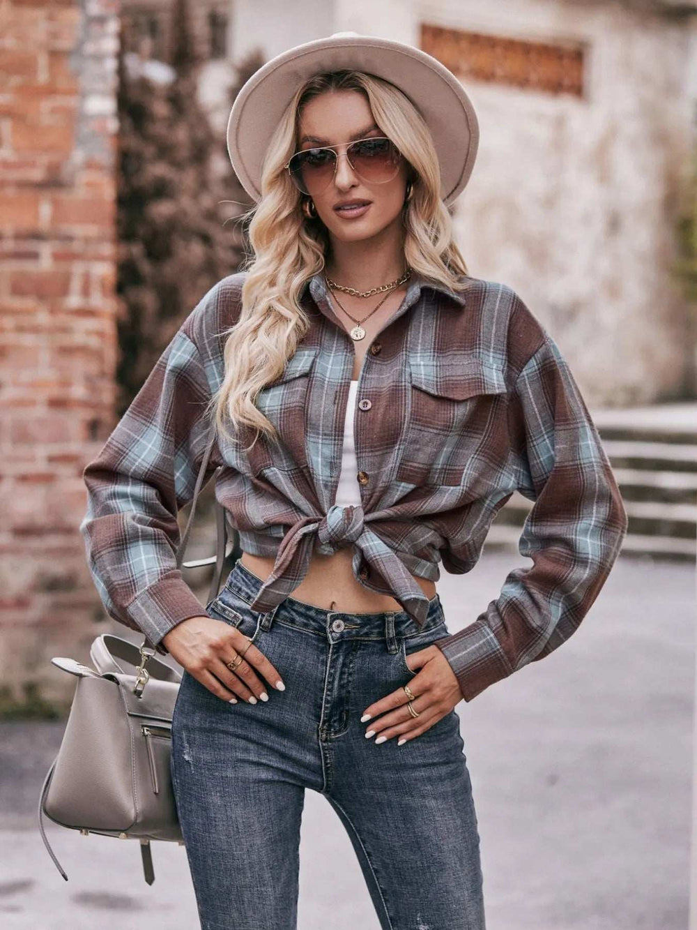 Plaid Button-Down Long Sleeve Shirt - Trendsi - Flyclothing LLC