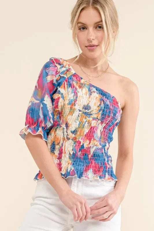 And The Why Allover Floral Print Smocked One Shoulder Blouse - Trendsi - Flyclothing LLC