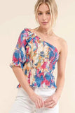 And The Why Allover Floral Print Smocked One Shoulder Blouse - Trendsi - Flyclothing LLC