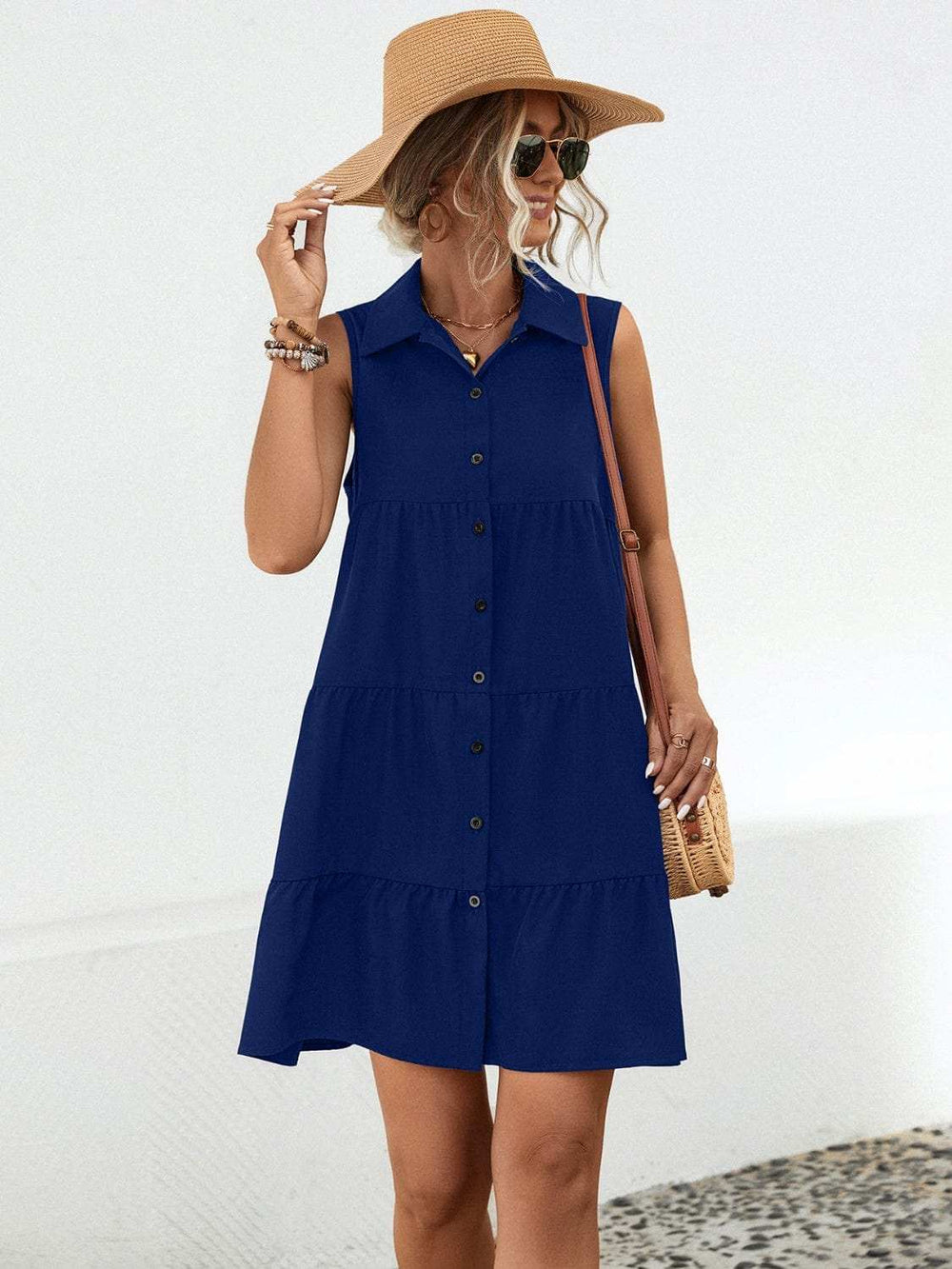 Button Up Sleeveless Mini Dress - Trendsi - Flyclothing LLC
