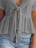 Tied Plunge Short Sleeve Blouse - Trendsi - Flyclothing LLC
