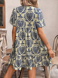Printed Tie Neck Short Sleeve Dress - Trendsi - Flyclothing LLC