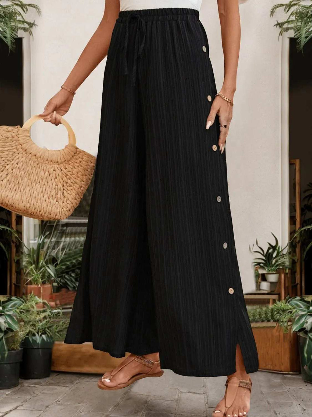 Tied Slit Wide Leg Pants - Trendsi - Flyclothing LLC