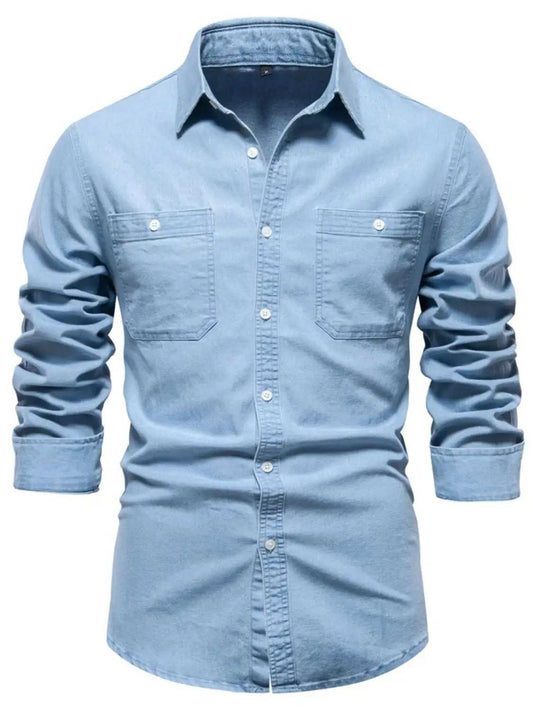 Men's Collared Neck Long Sleeve Denim Shirt - Trendsi - Flyclothing LLC