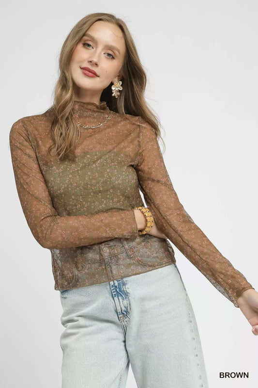 Umgee Nylon Lace Mesh Long Sleeve Top - Trendsi - Flyclothing LLC