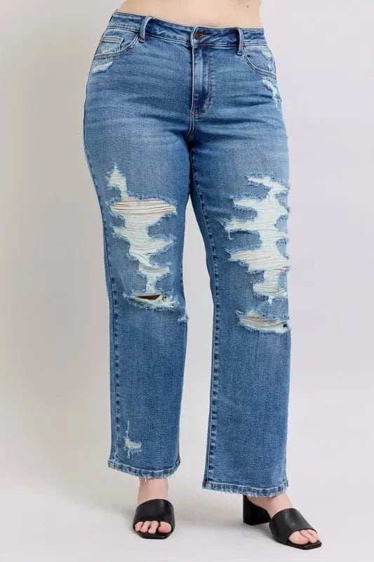 Judy Blue Full Size High Waist Heavy Destroy Straight Jeans Plus Size - Trendsi - Flyclothing LLC