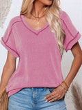 Exposed Seam V-Neck Short Sleeve Top - Trendsi - Flyclothing LLC