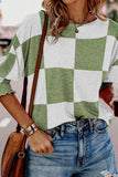 Checkered Round Neck Lantern Sleeve Top - Trendsi - Flyclothing LLC