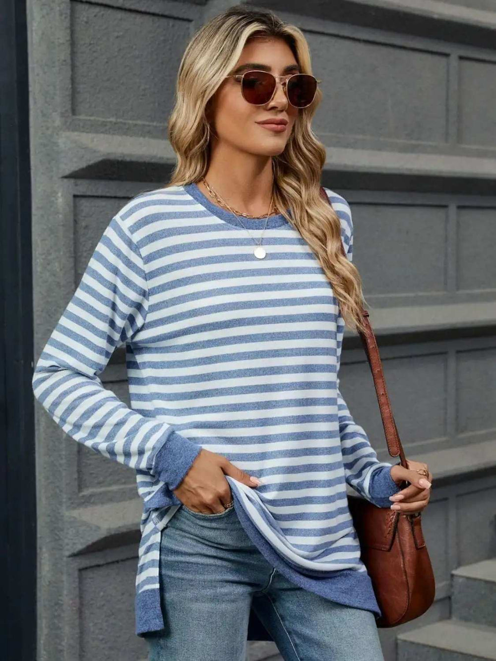 Striped Round Neck Long Sleeve T-Shirt - Trendsi - Flyclothing LLC