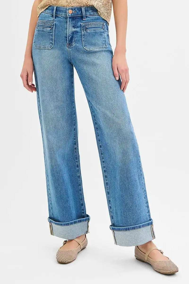 RISEN Full Size Elastic Band Mid Rise Wide Front Patch Pocket Cuff Jeans Plus Size - Trendsi - Flyclothing LLC