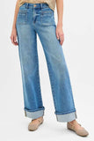 RISEN Full Size Elastic Band Mid Rise Wide Front Patch Pocket Cuff Jeans Plus Size - Trendsi - Flyclothing LLC