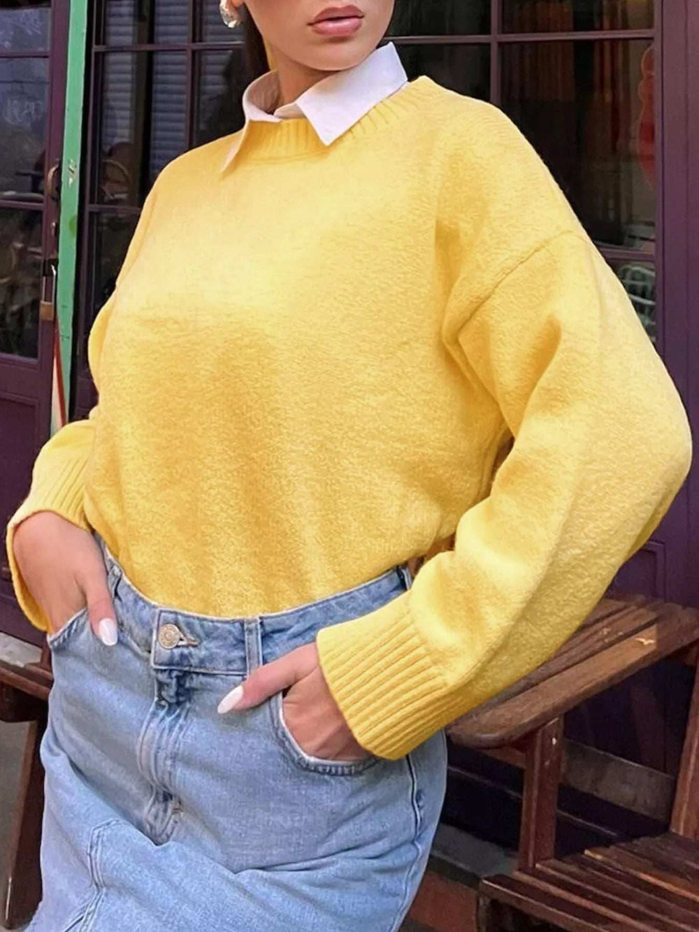 Ribbed Round Neck Dropped Shoulder Sweater - Trendsi - Flyclothing LLC