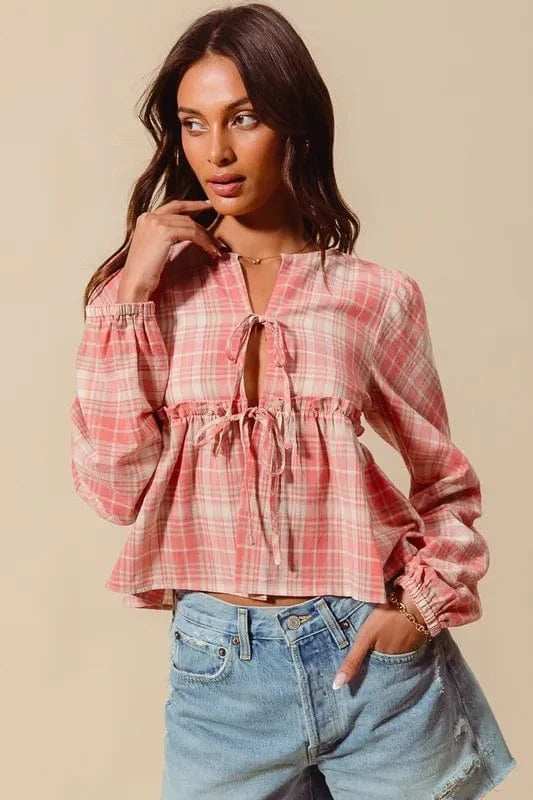 SO ME Front Tie Checkered Plaid Blouse - Trendsi - Flyclothing LLC