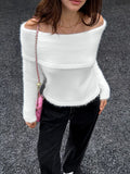 Off-Shoulder Fluffy Knit Sweater - Trendsi - Flyclothing LLC