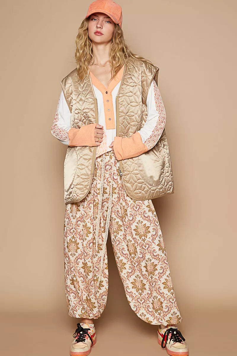 POL Front Zipper Floral Pattern Quilted Vest Coat with Front Pockets - Trendsi - Flyclothing LLC
