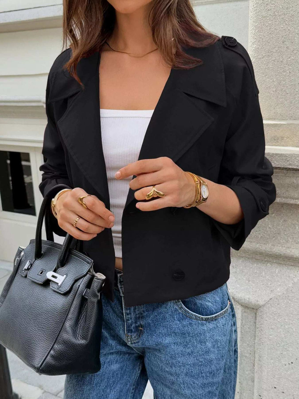 Cropped Double-Breasted Raglan Sleeve Jacket - Trendsi - Flyclothing LLC