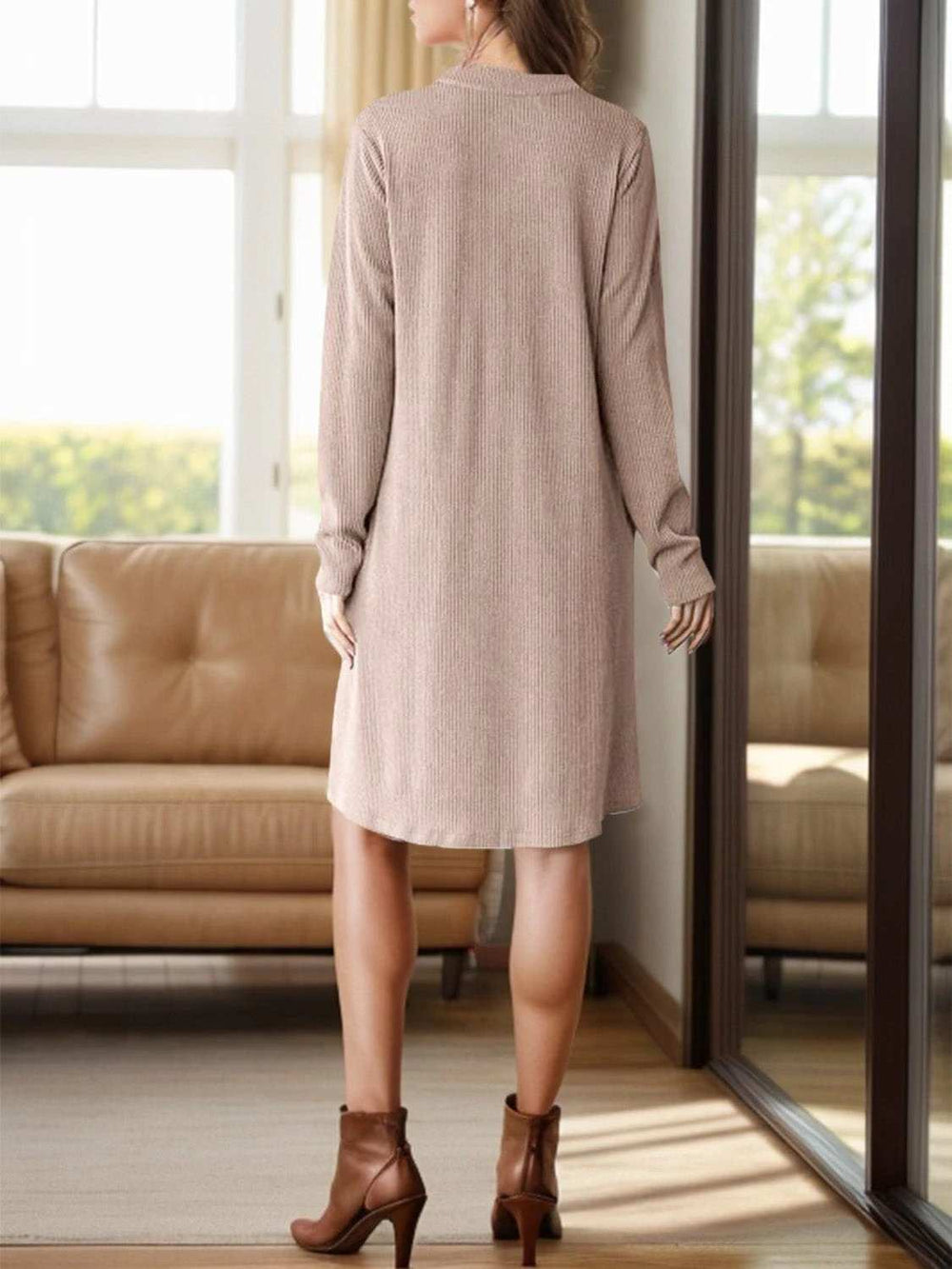 Notched Long Sleeve Mini Dress with Pockets - Trendsi - Flyclothing LLC