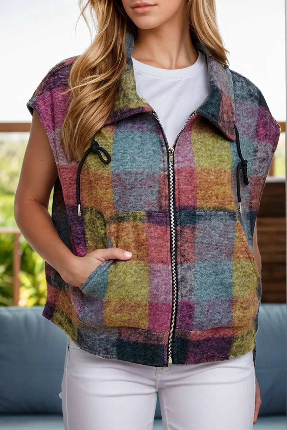 Plaid Zip Up Collared Neck Vest Coat - Trendsi - Flyclothing LLC