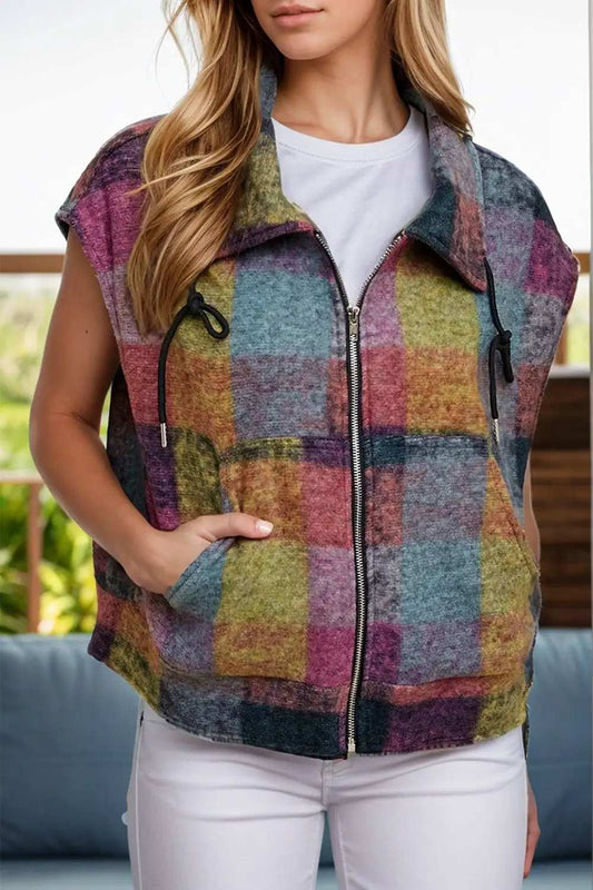 Plaid Zip Up Collared Neck Vest Coat - Trendsi - Flyclothing LLC