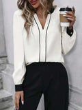 Contrast Notched Long Sleeve Blouse - Trendsi - Flyclothing LLC