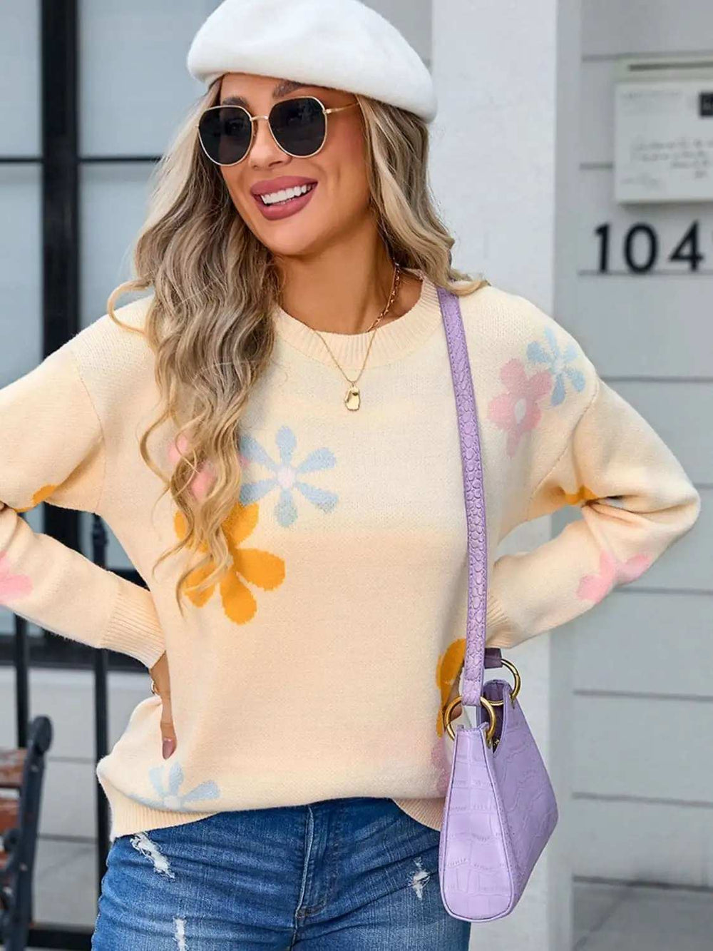 Flower Round Neck Dropped Shoulder Sweater - Trendsi - Flyclothing LLC