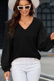 Waffle-Knit V-Neck Long Sleeve Blouse - Trendsi - Flyclothing LLC