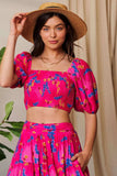 Davi & Dani Smocing Bodice Puff Short Sleeve Printed Crop Top - Trendsi - Flyclothing LLC