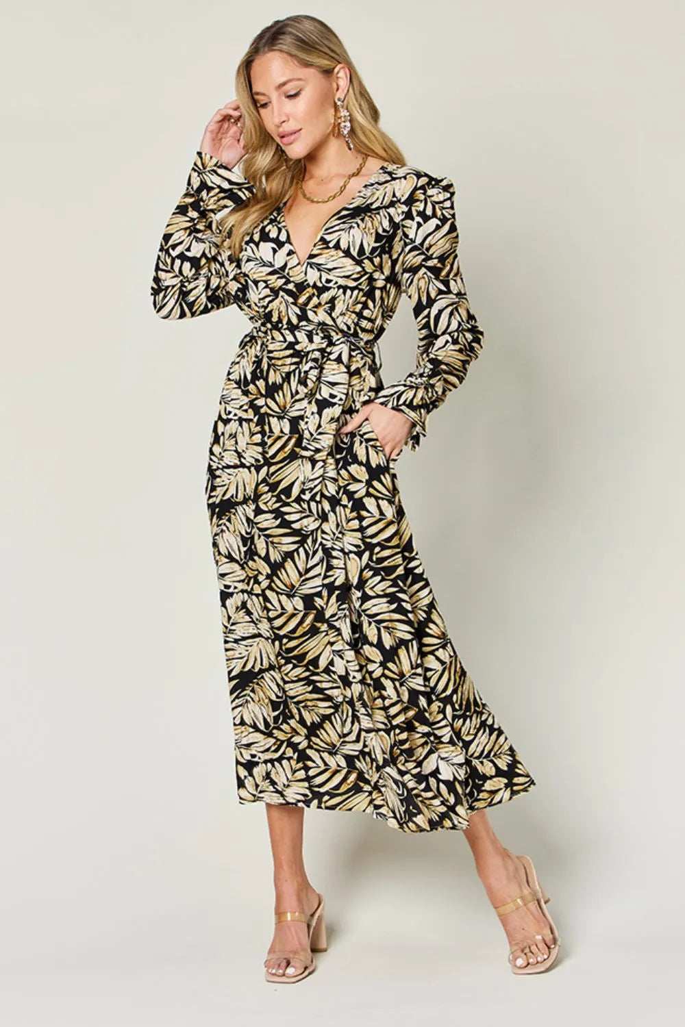 Double Take Full Size Tie Back Flounce Sleeve Dress - Trendsi - Flyclothing LLC
