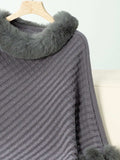 Fuzzy Trim Texture Three-Quarter Sleeve Poncho - Trendsi - Flyclothing LLC