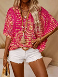 Printed V-Neck Half Sleeve Top - Trendsi - Flyclothing LLC