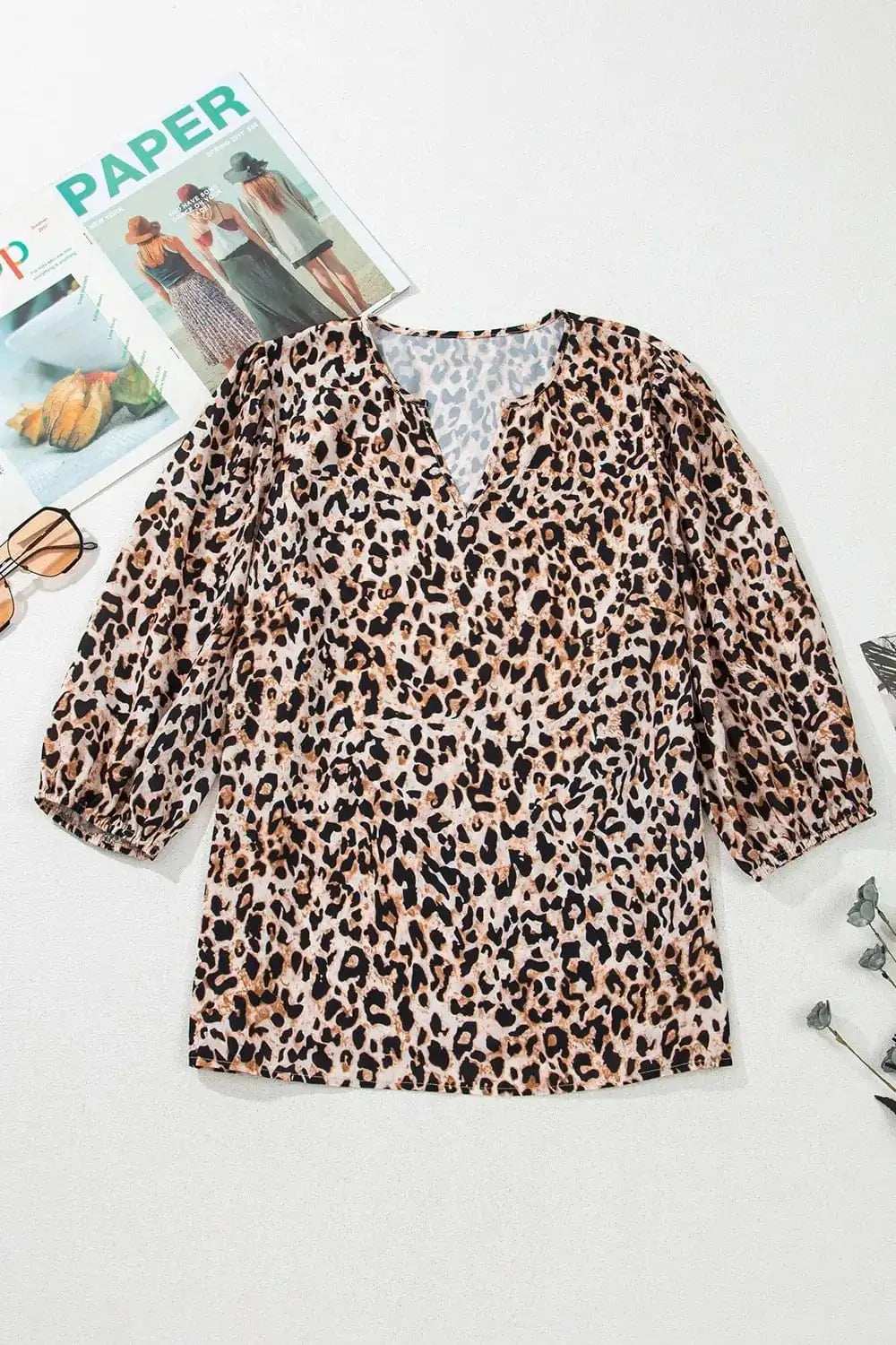 Leopard Notched Half Sleeve Blouse - Trendsi - Flyclothing LLC