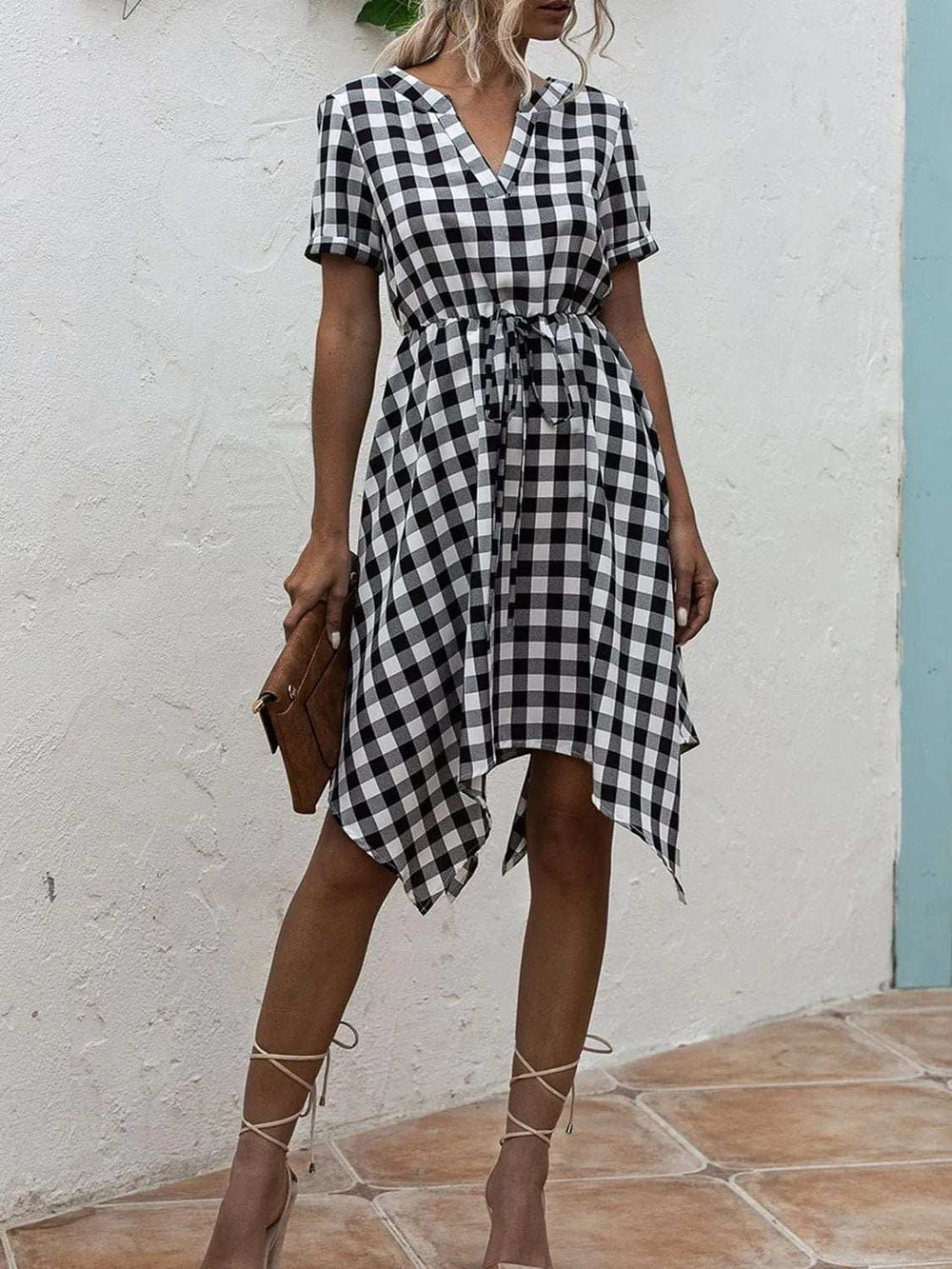 Plaid Notched Short Sleeve Dress - Trendsi - Flyclothing LLC