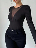 Mesh Detail Round Neck Long Sleeve Top - Trendsi - Flyclothing LLC