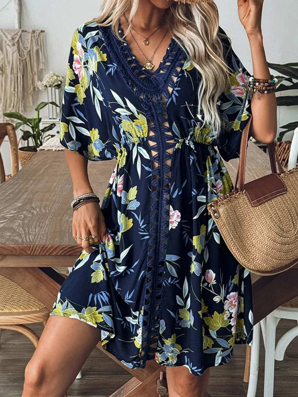 Crochet Front V-Neck Printed Cover-Up - Trendsi - Flyclothing LLC
