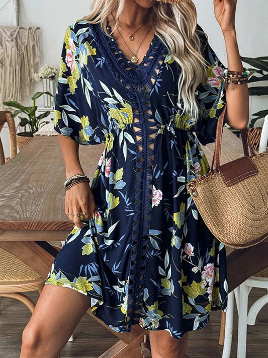 Crochet Front V-Neck Printed Cover-Up - Trendsi - Flyclothing LLC