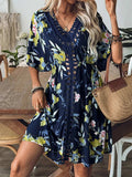Crochet Front V-Neck Printed Cover-Up - Trendsi - Flyclothing LLC