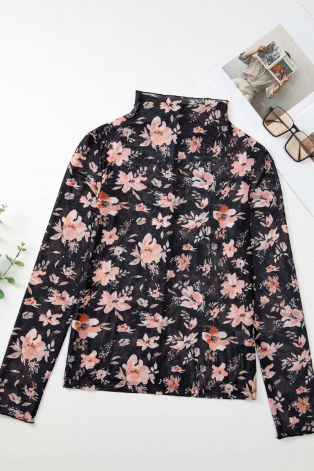 Floral Mock Neck Long Sleeve Blouse - Trendsi - Flyclothing LLC