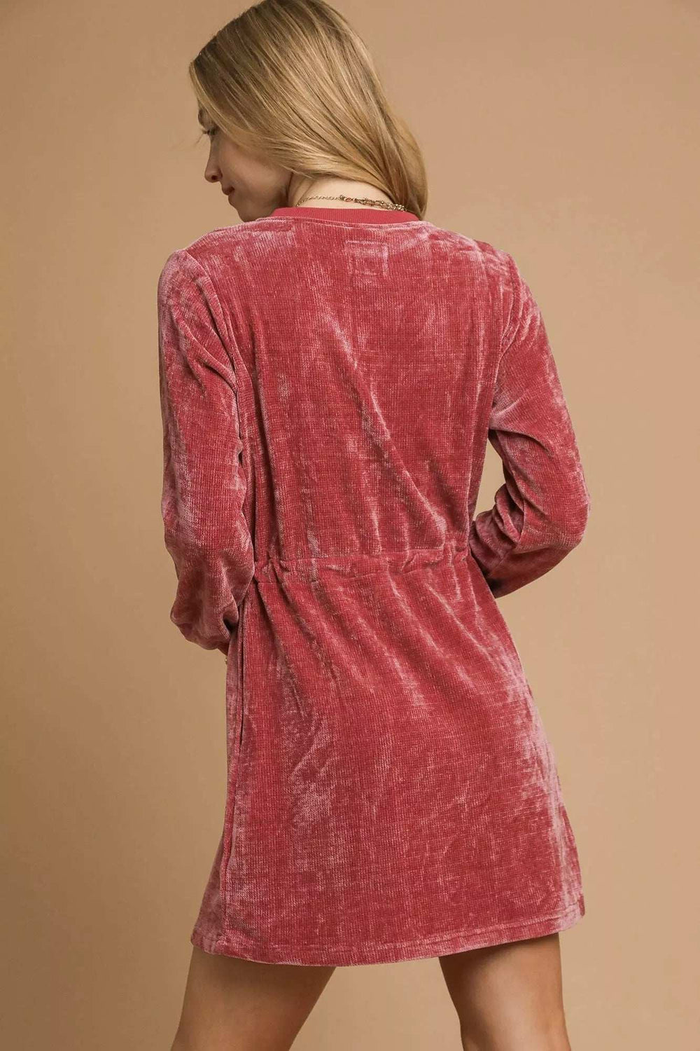 Umgee Velour Drawstring Mini Dress with Long Sleeves - Trendsi - Flyclothing LLC