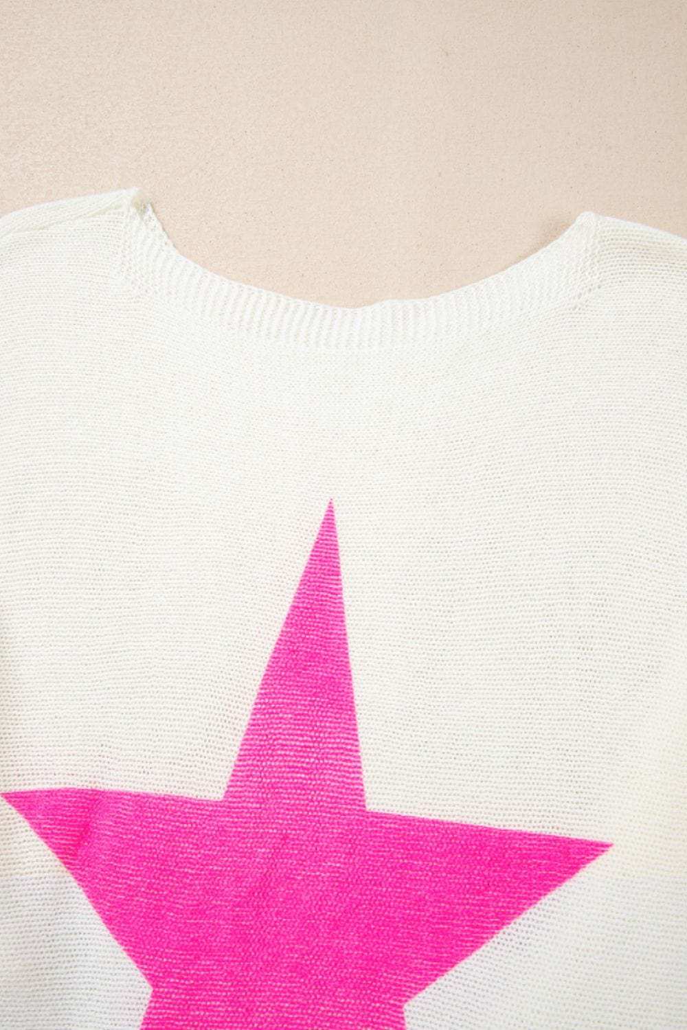 Star Contrast Round Neck Long Sleeve Knit Top - Trendsi - Flyclothing LLC