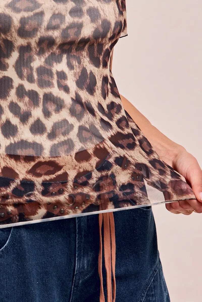 BiBi High Neck Leopard Mesh Short Sleeves Top - Trendsi - Flyclothing LLC
