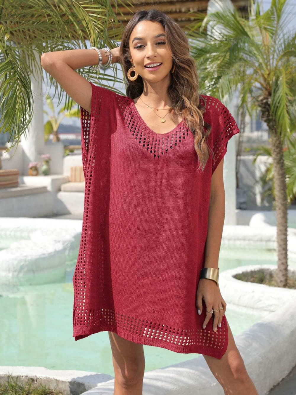 Slit Openwork V-Neck Cover-Up - Trendsi - Flyclothing LLC