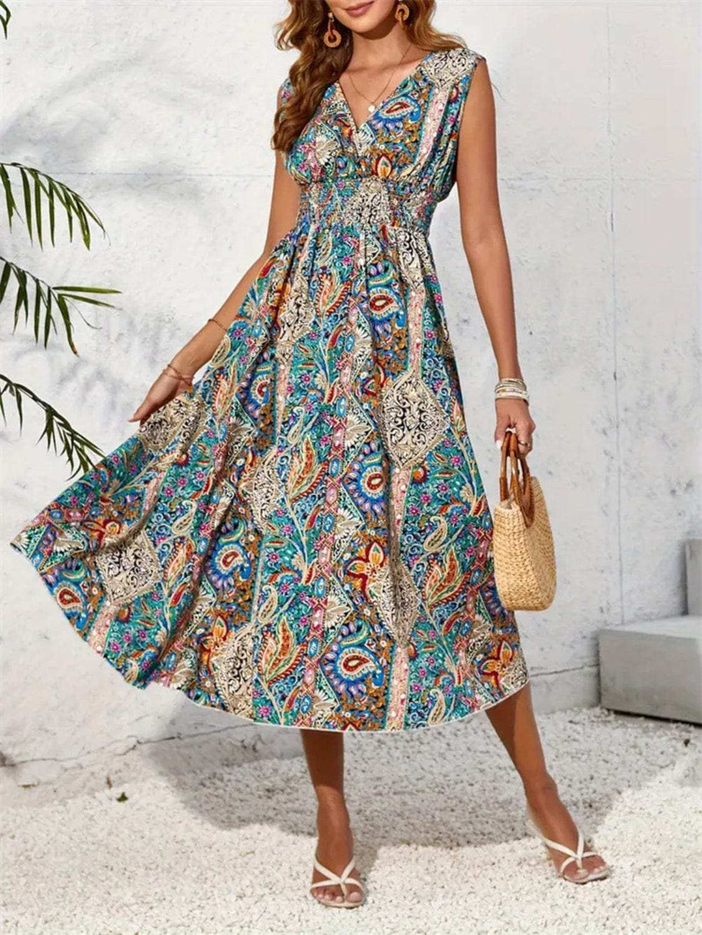 Smocked Printed Surplice Sleeveless Midi Dress - Trendsi - Flyclothing LLC