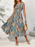 Smocked Printed Surplice Sleeveless Midi Dress - Trendsi - Flyclothing LLC