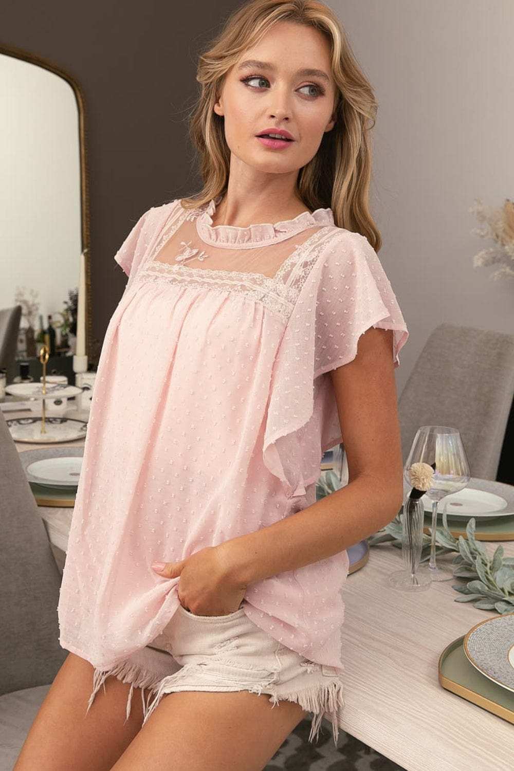 BiBi Swiss Dot Lace Detail Short Sleeve Blouse - Trendsi - Flyclothing LLC