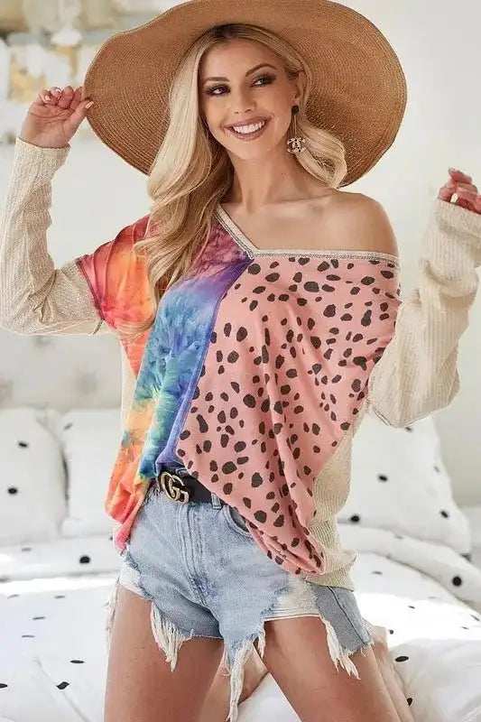 BiBi Print Block V Neck Top with Contrast Stitching - Trendsi - Flyclothing LLC